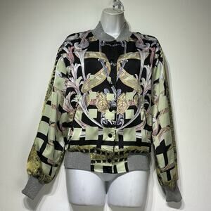 We Are Replay Satin Baroque Bomber Jacket Gold Black Graphic Zip XS Barocco